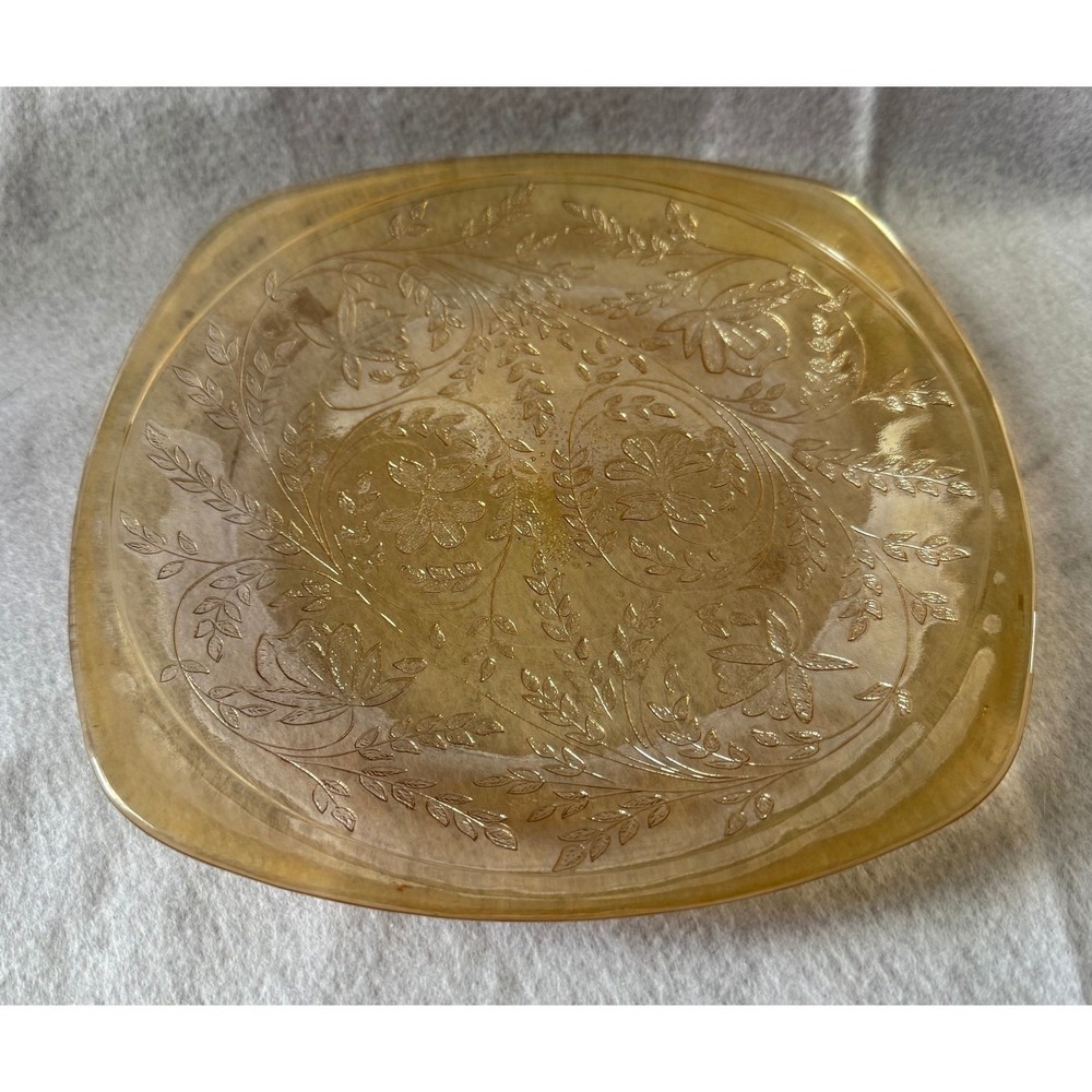 Vintage Amber Glass Plate Floral Embossed Serving Tray‎ Decorative Dish